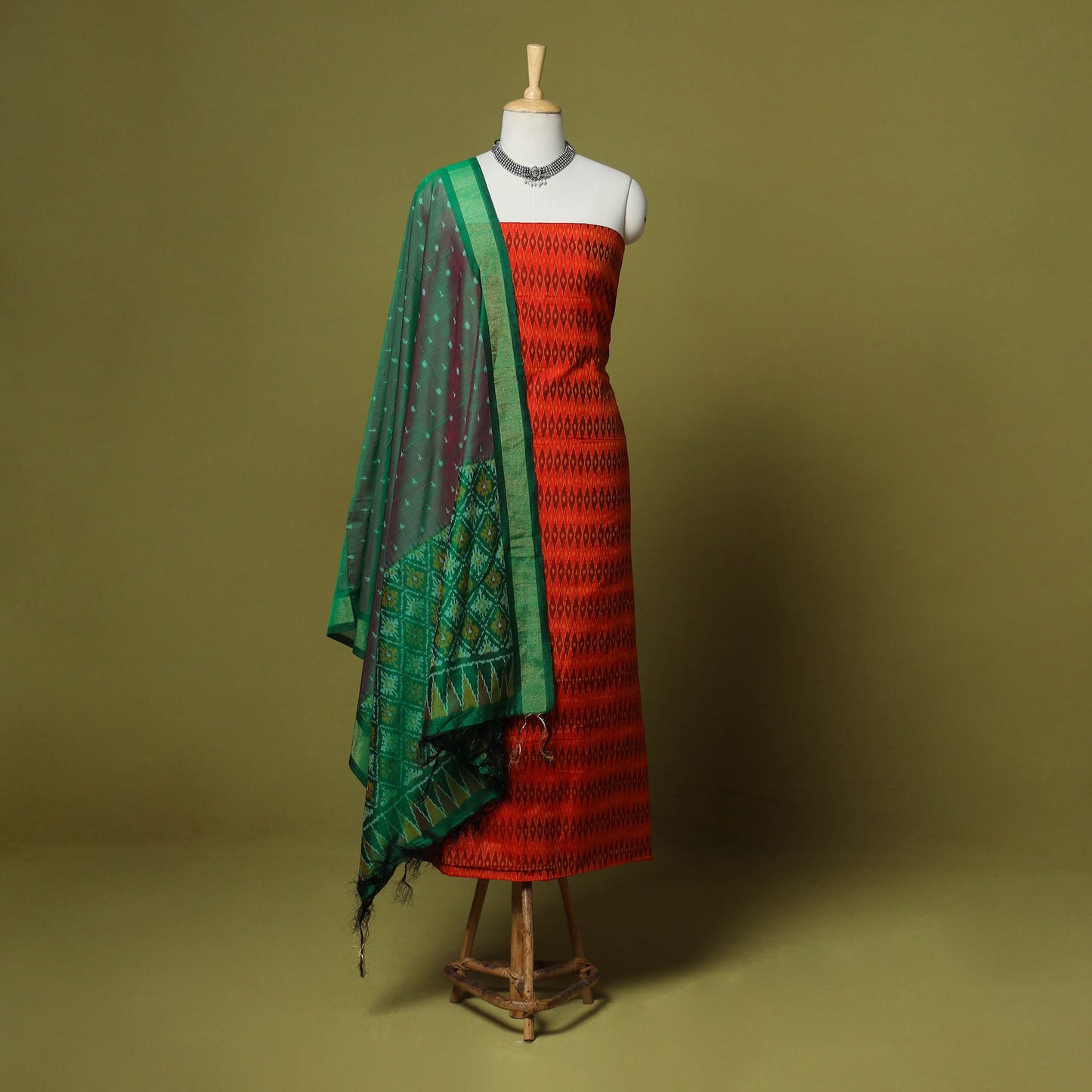 Red - 2pc unstitched handloom sico pochampally ikat dress
