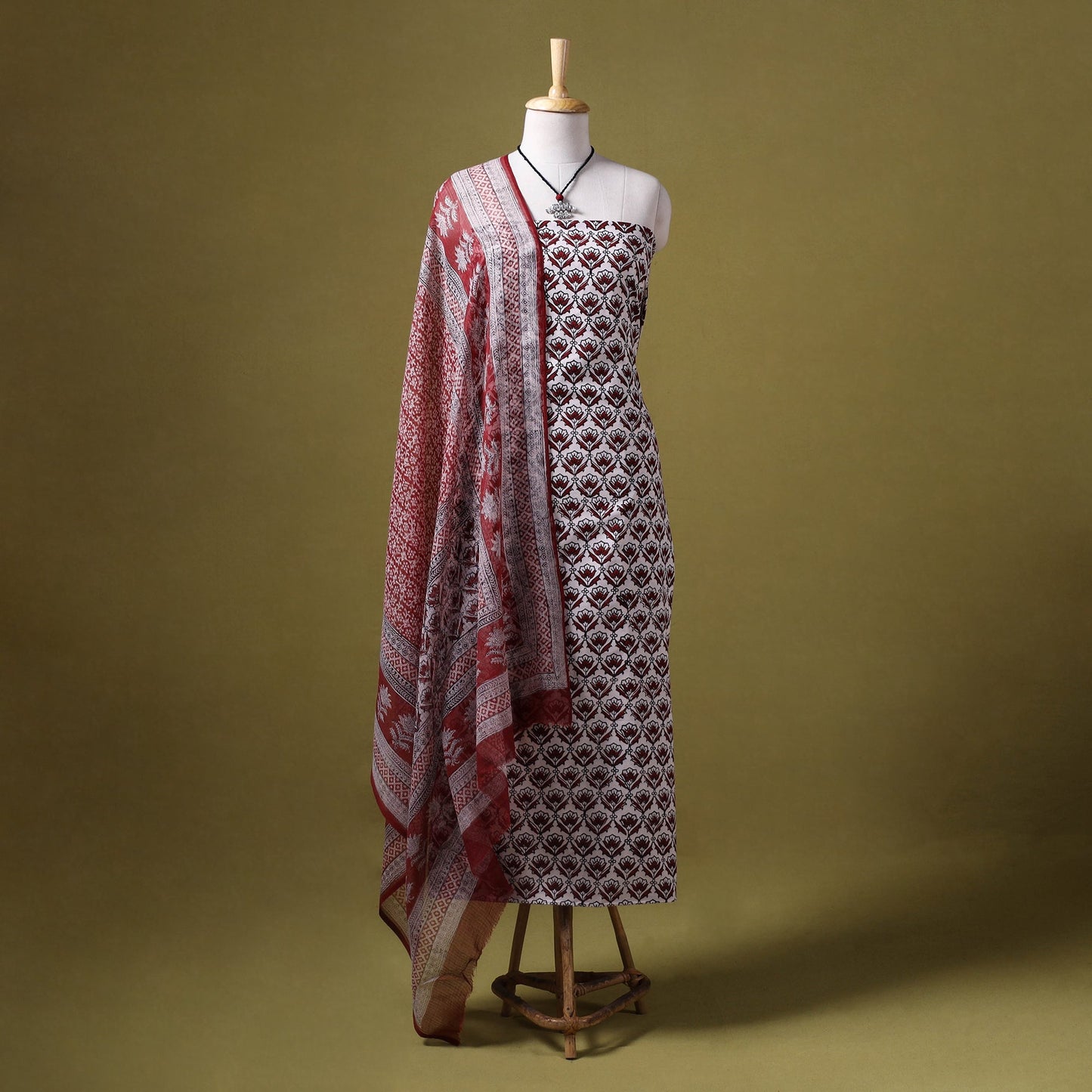 Red 3pc Cotton Bagh Print Dress Material with Jewellery Set