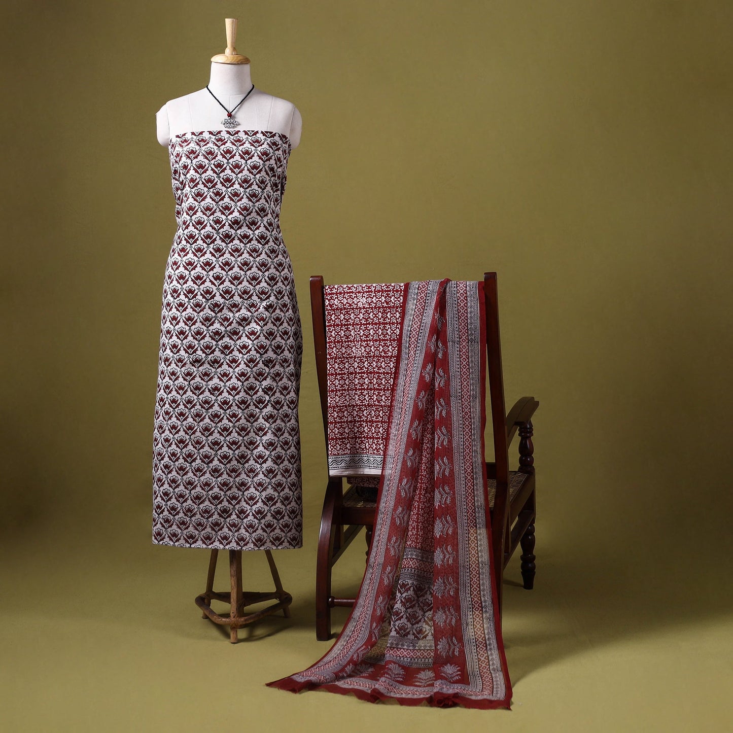 Red 3pc Cotton Bagh Print Dress Material with Jewellery Set
