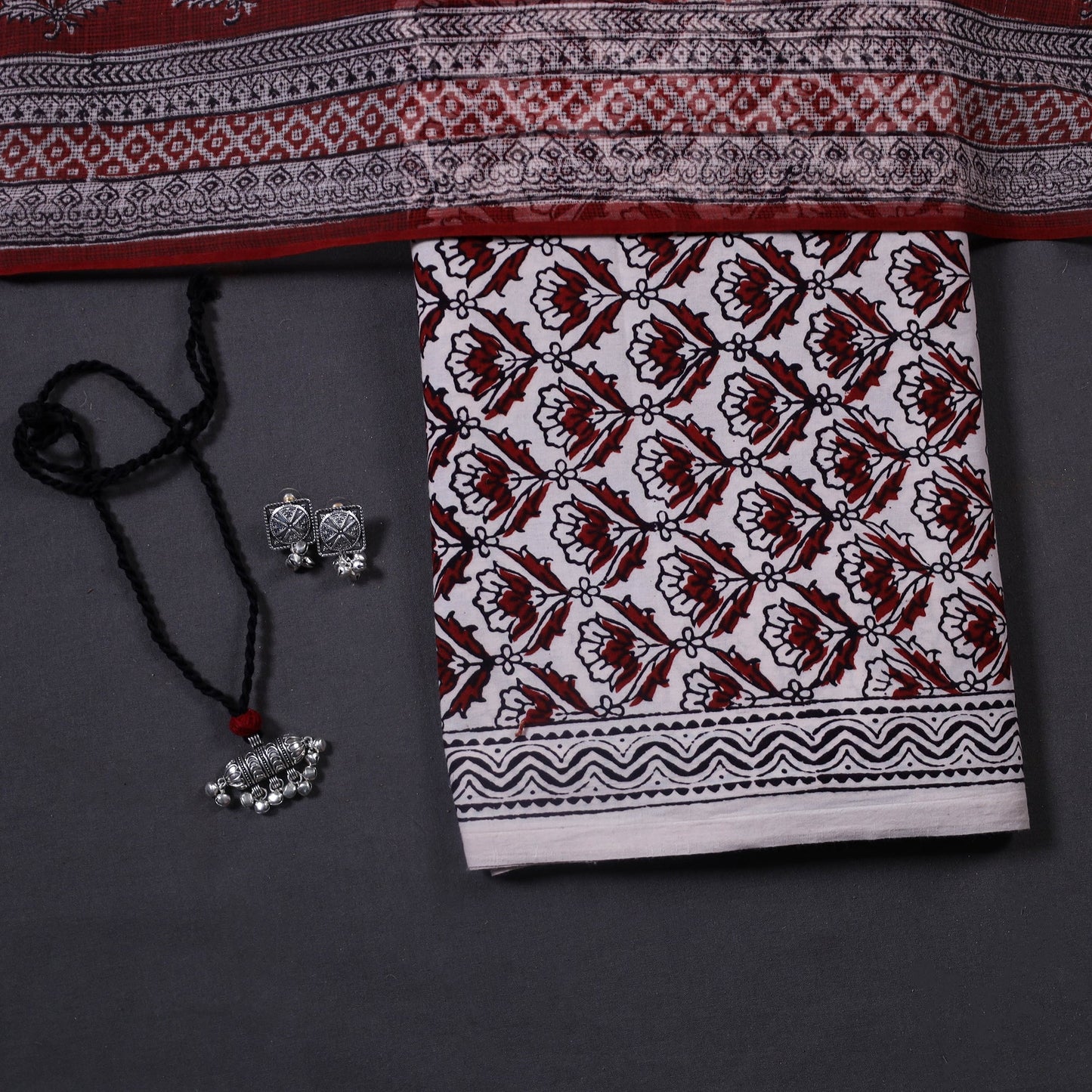 Red 3pc Cotton Bagh Print Dress Material with Jewellery Set