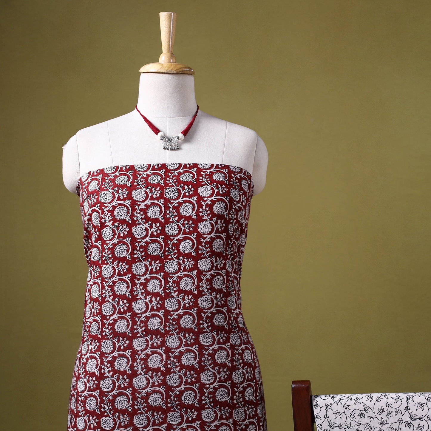 Red 3pc Cotton Bagh Print Dress Material with Jewellery Set