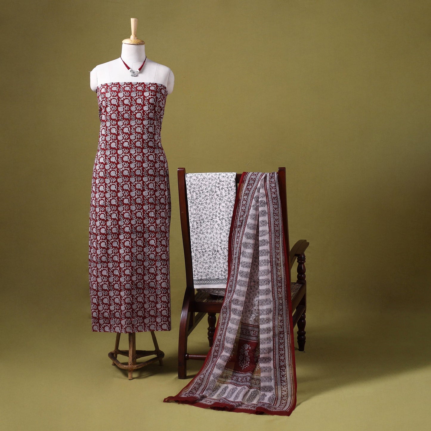 Red 3pc Cotton Bagh Print Dress Material with Jewellery Set