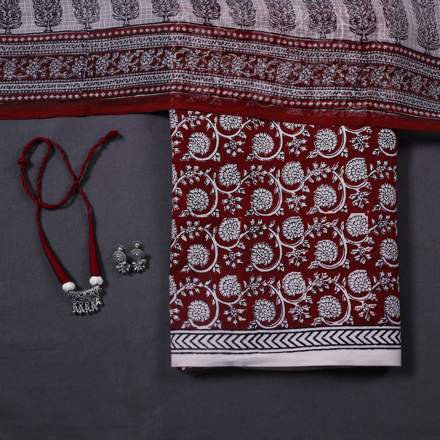 Red 3pc Cotton Bagh Print Dress Material with Jewellery Set