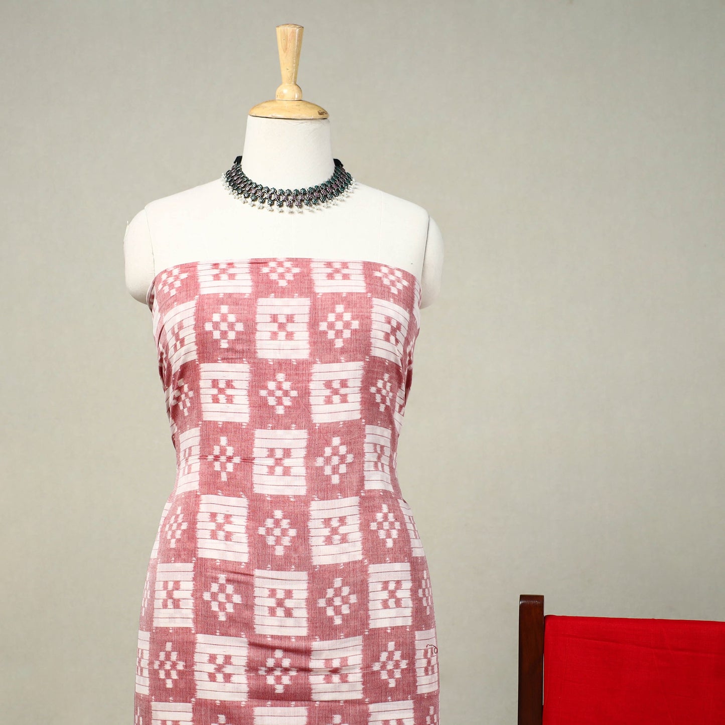 Red 3pc Handloom Cotton Sambalpuri Ikat Dress Material