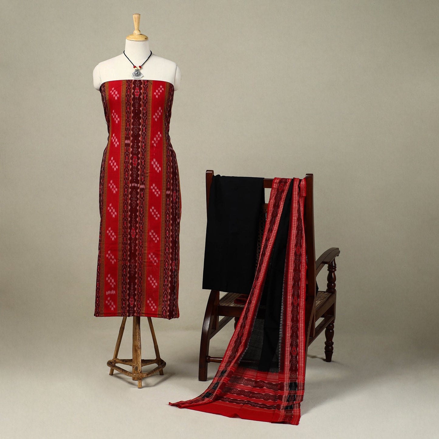 Red 3pc Handloom Sambalpuri Dress Material with Jewellery Set