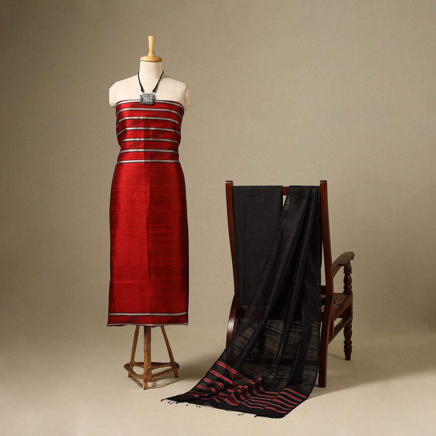 Red 3pc Handloom Tussar Silk Bhagalpuri Dress Material