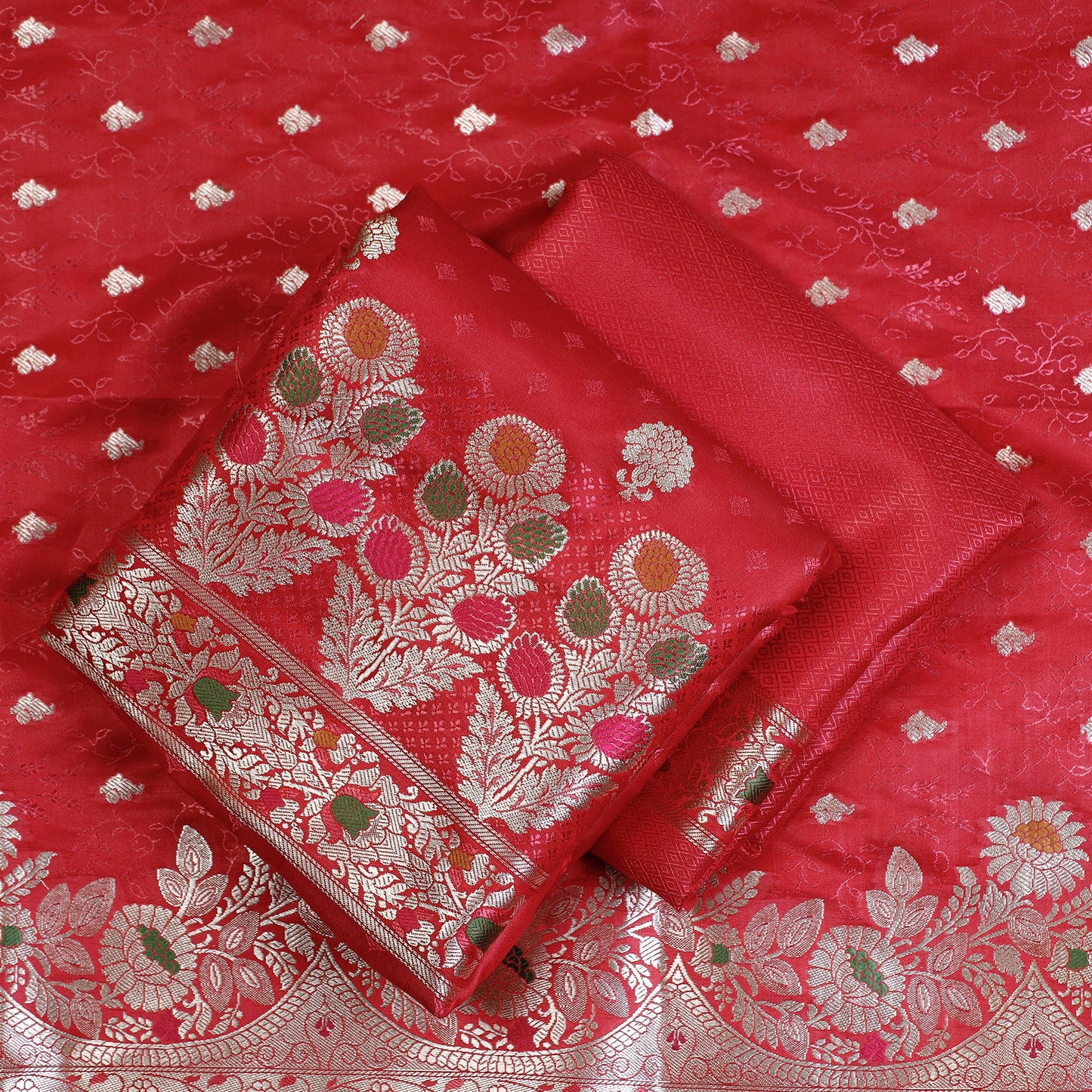 3pc Zari Cutwork Semi Silk Banarasi Dress Material