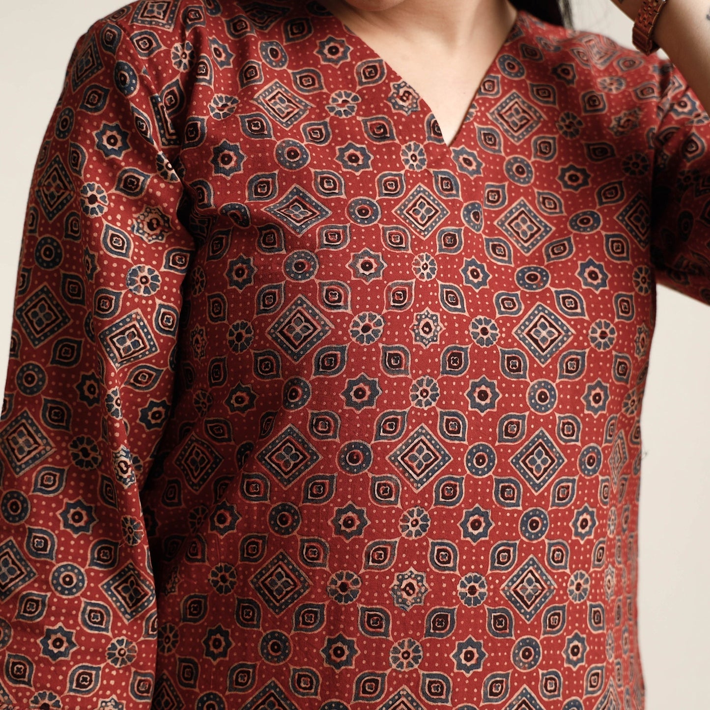 Buy Ajrakh Block Printed Cotton Kurta with Palazzo & Dupatta Set Online at iTokri.com