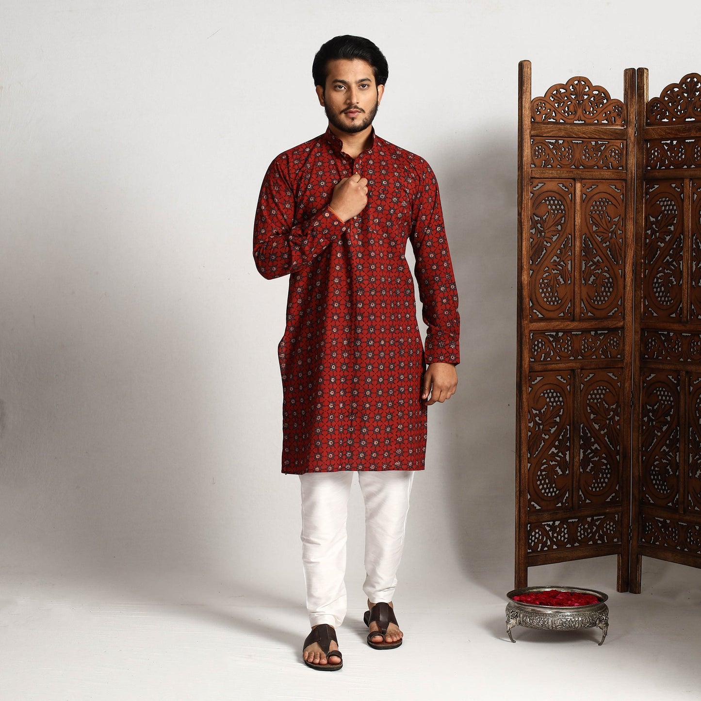 Buy Ajrakh Block Printed Cotton Men Long Kurta Online at iTokri.com