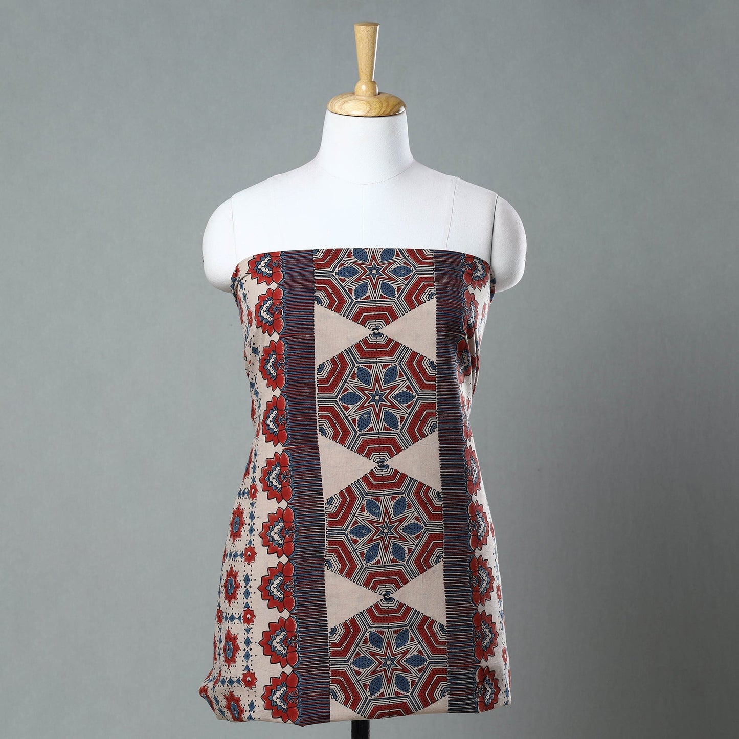 Red Ajrakh Block Printed Cotton Kurta Material - 3 meter
