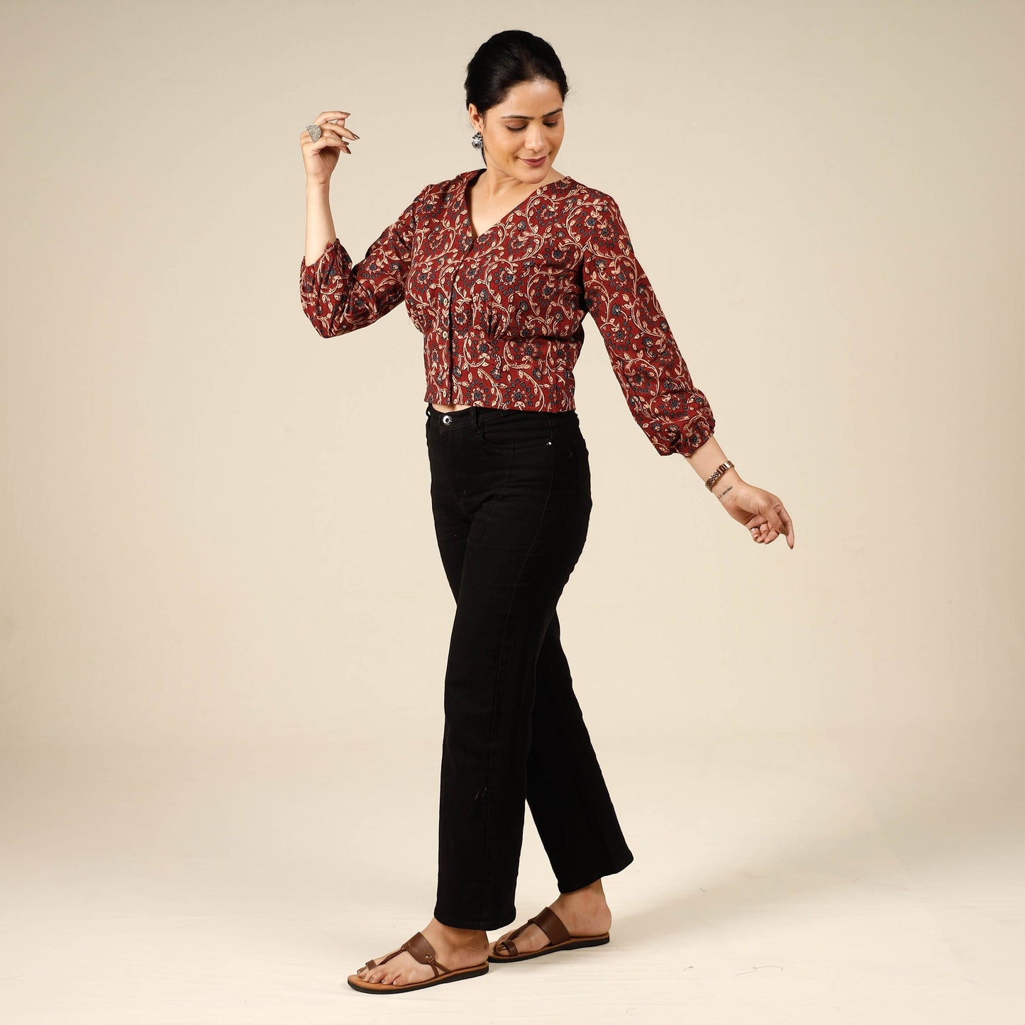 Ajrakh block printed full sleeve cotton crop top