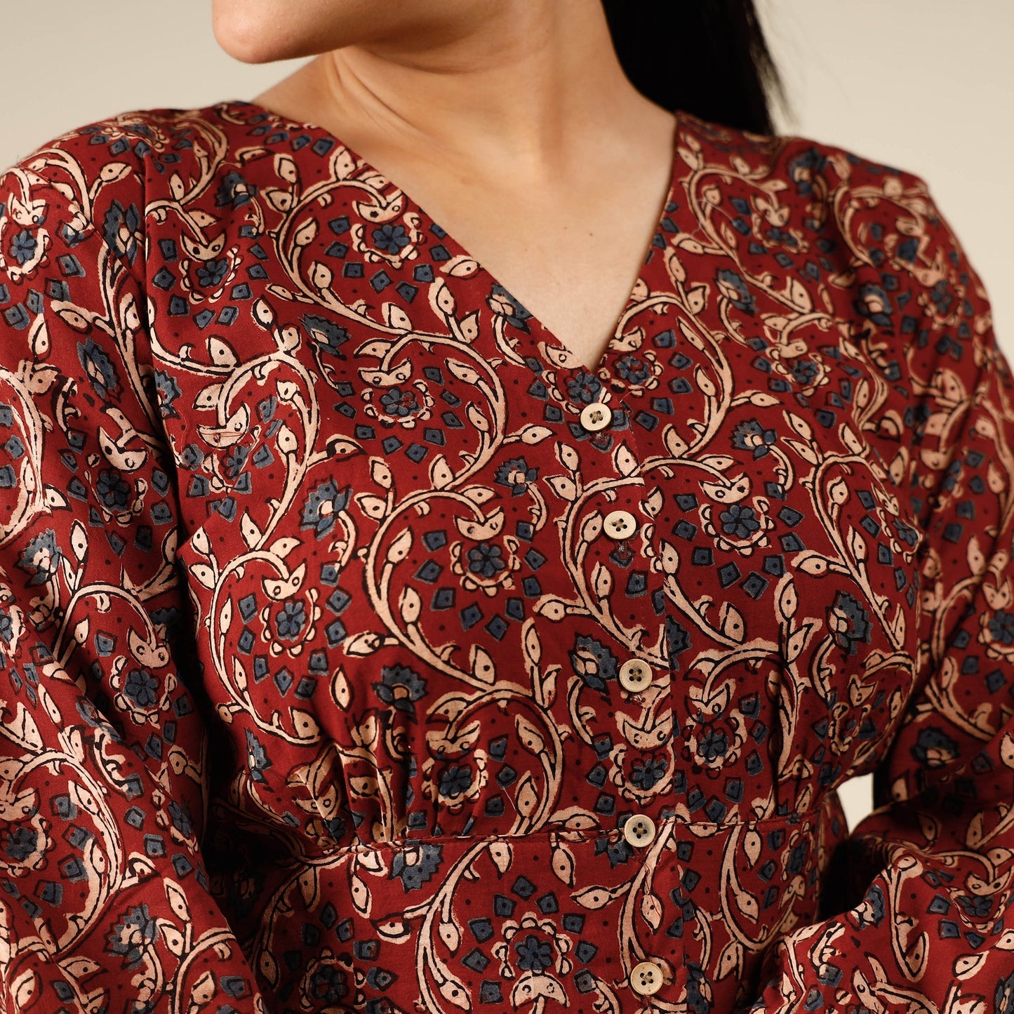Ajrakh block printed full sleeve cotton crop top