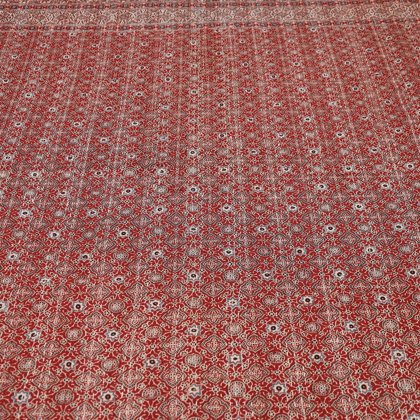 Red Ajrakh Block Print Kantha Work Cotton Double Bed Cover