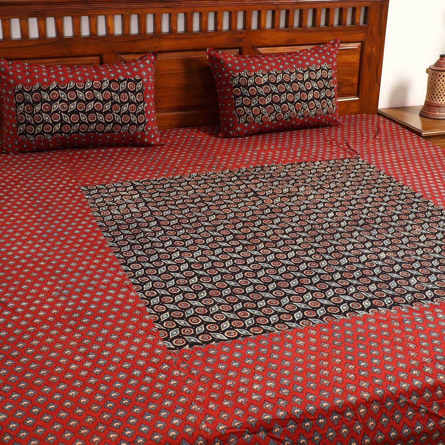 Red - printed patchwork cotton double bed cover with pillow