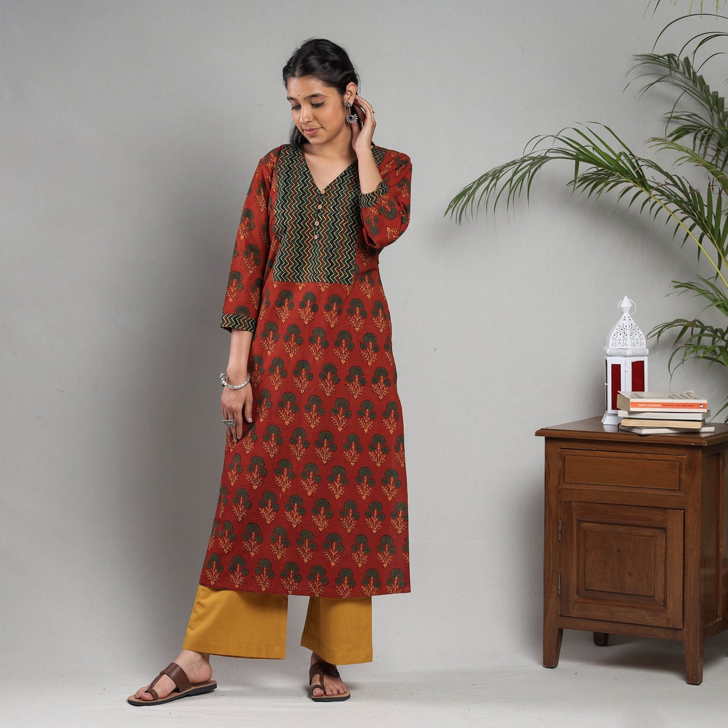 Red Ajrakh Block Printing Cotton Kurta with Palazzo Set