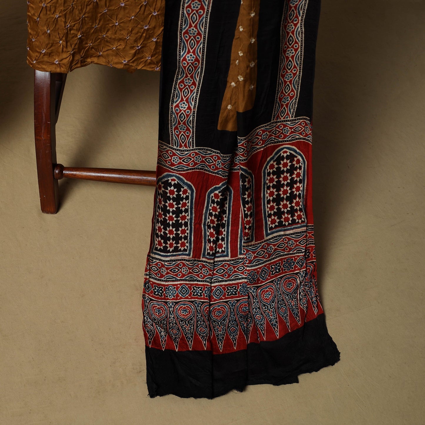 Ajrakh hand block print with bandhani modal silk natural