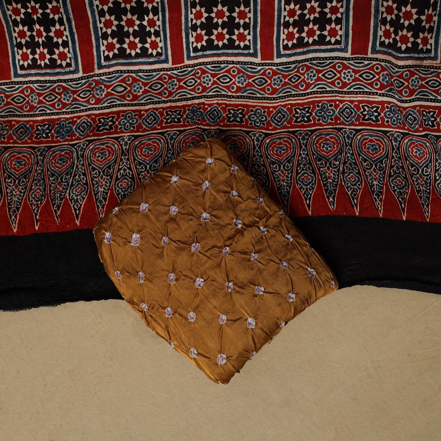 Ajrakh hand block print with bandhani modal silk natural