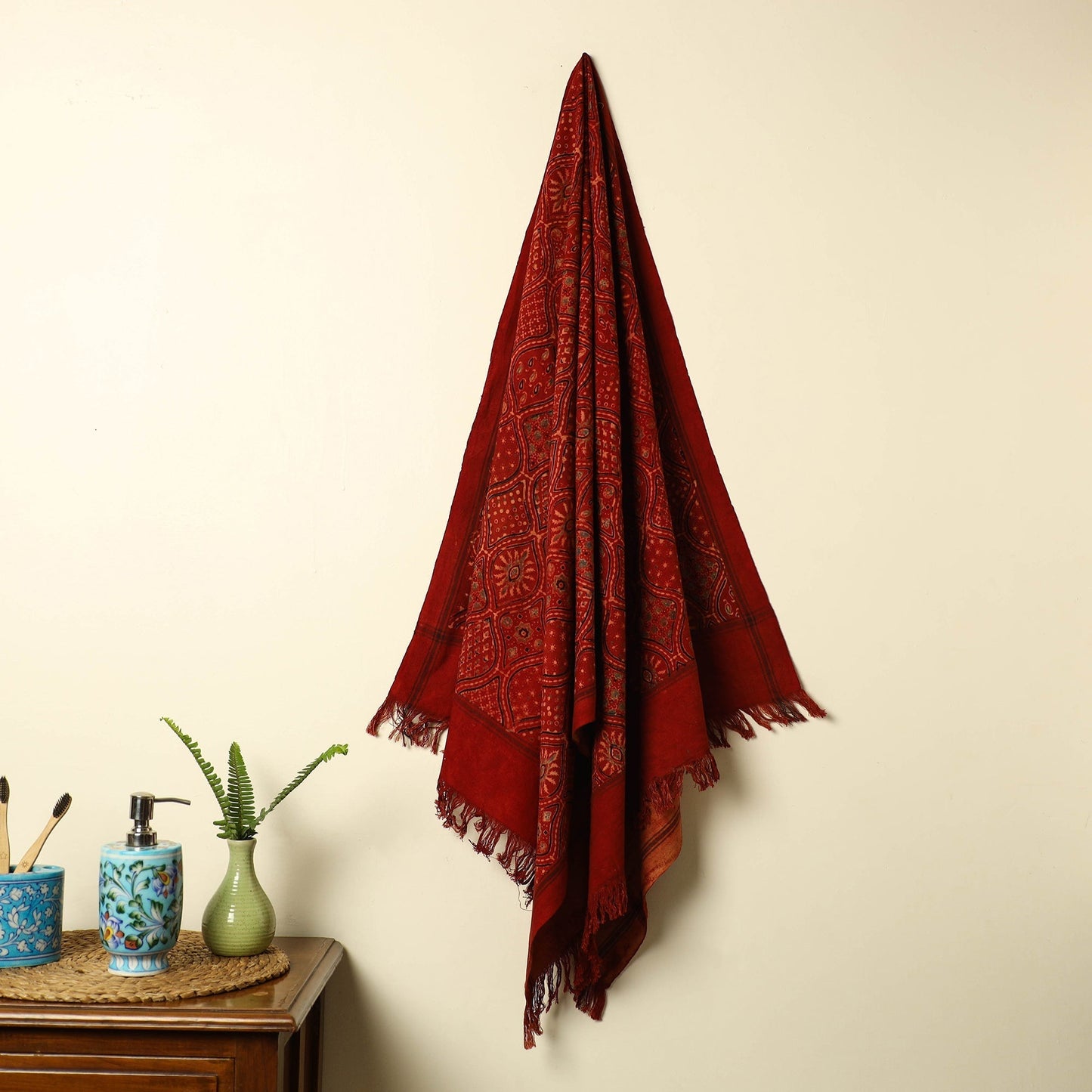Red Handloom Block Print Cotton Ajrakh Towel