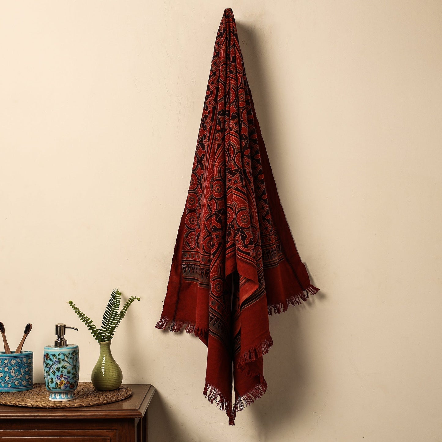 Red Block Print Cotton Ajrakh Handloom Towel