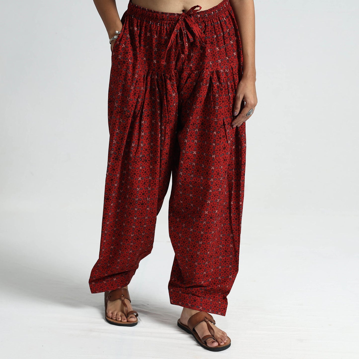 Red - Ajrakh Hand Block Printed Cotton Elasticated Salwar 03