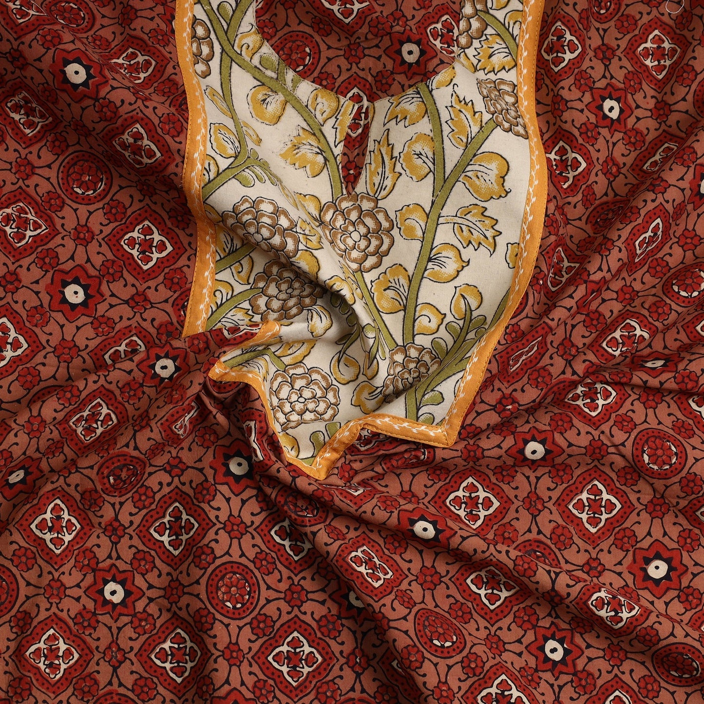 Red Ajrakh Print Cotton Patchwork Kurta Material (3m)