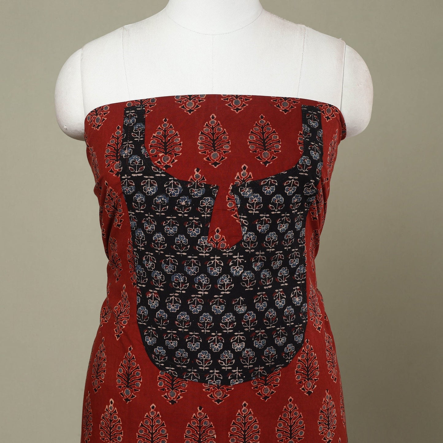 Buy Red Ajrakh Print Patchwork Cotton Kurta Material