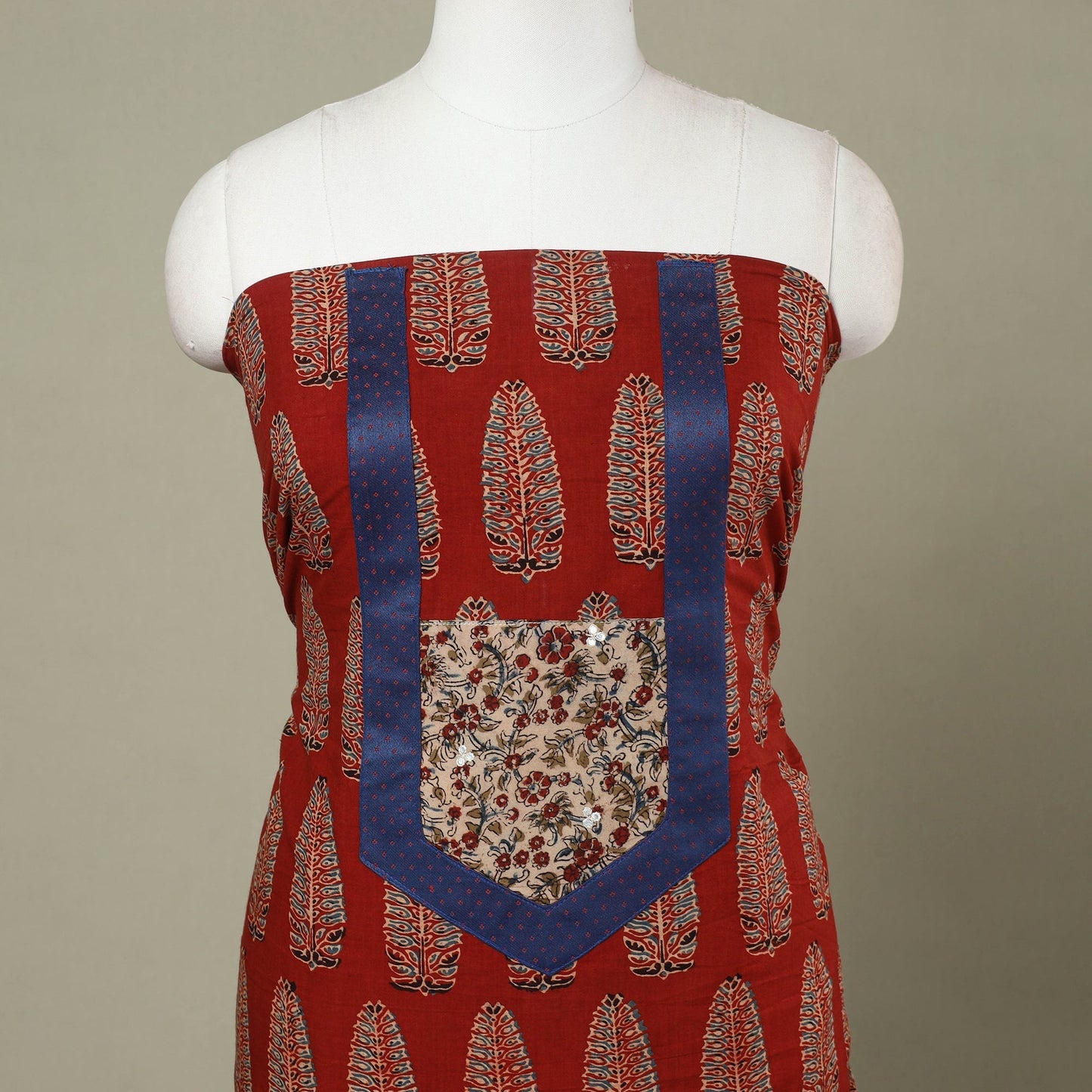 Buy Red Ajrakh Print Patchwork Cotton Kurta Material