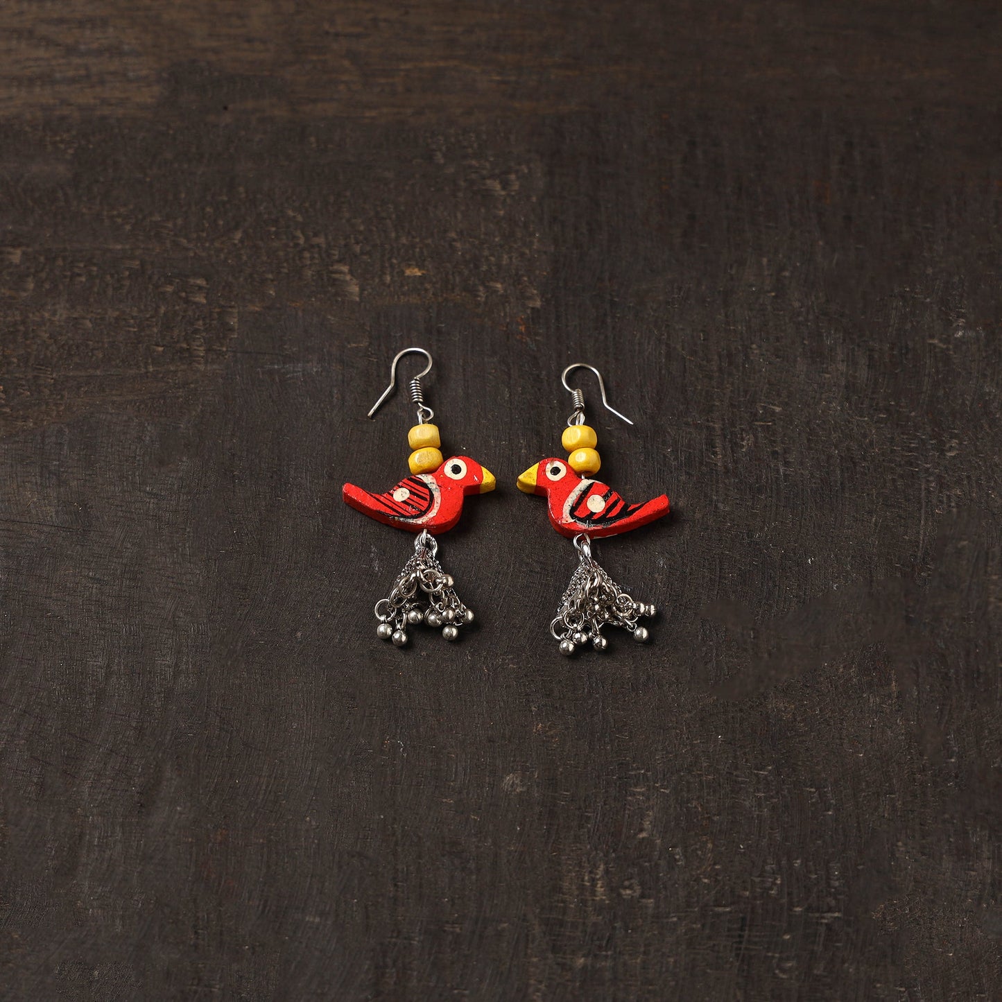 Red - aliya german silver jhumki earrings with wooden bird