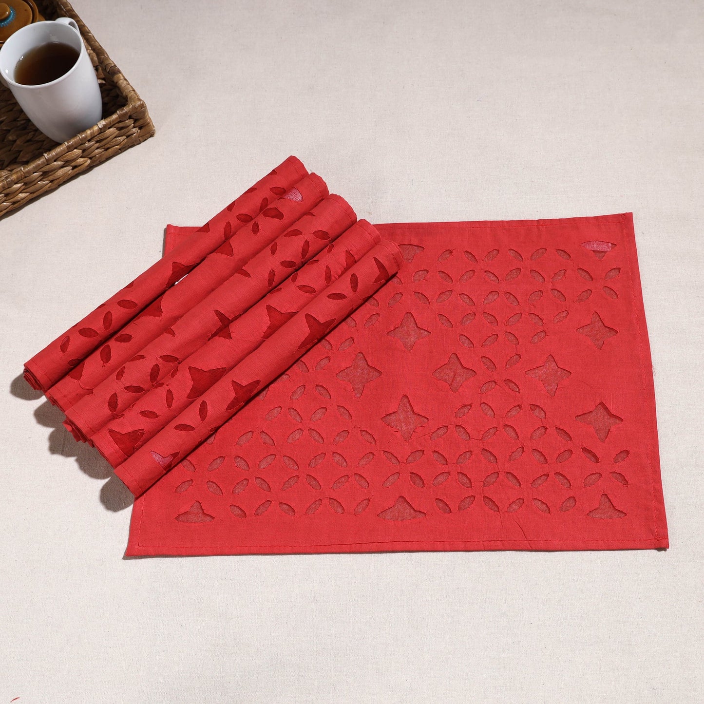 Red Applique Cut Work Cotton Table Mats (set of 6)