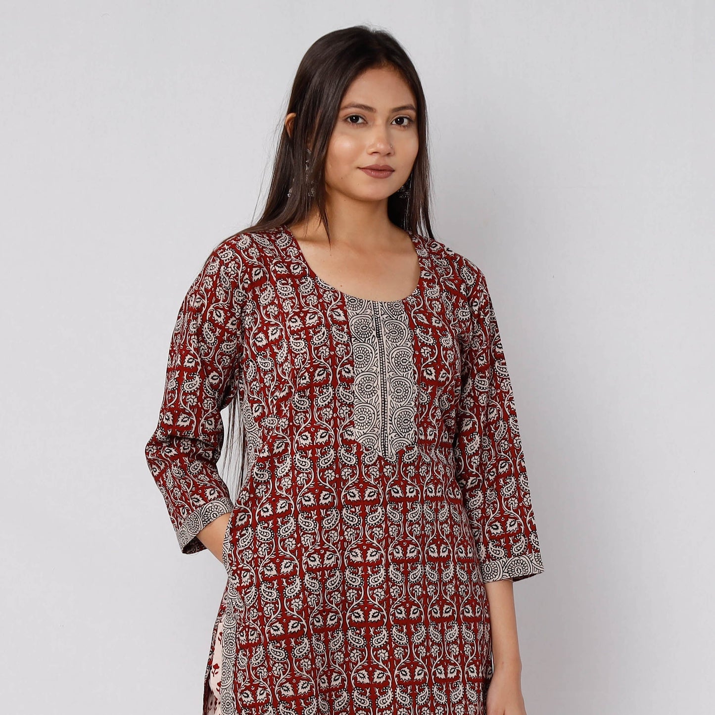 Bagh Block Printed Cotton Long Kurta with Palazzo & Dupatta Set 09