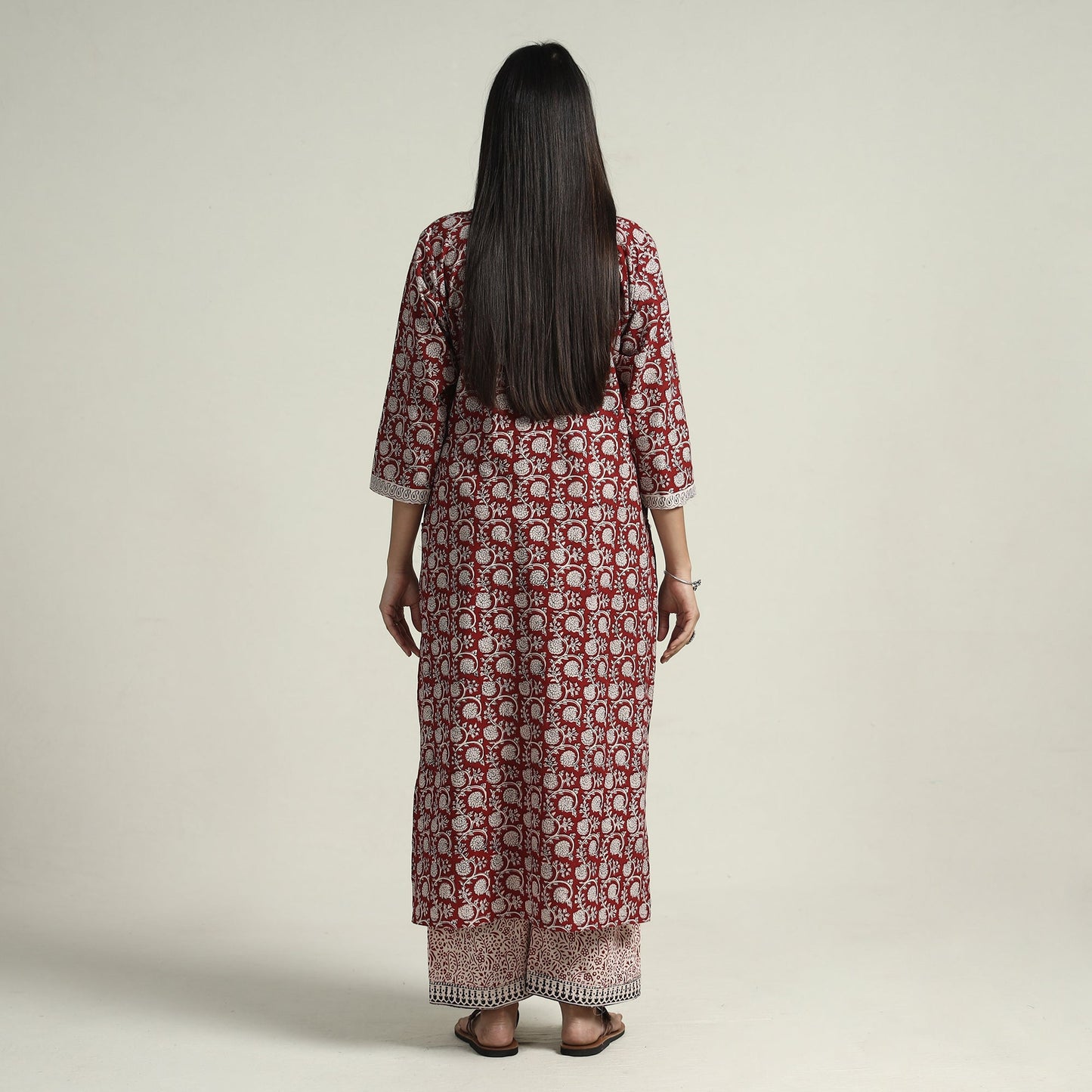 Red - bagh block printed cotton kurta with palazzo &