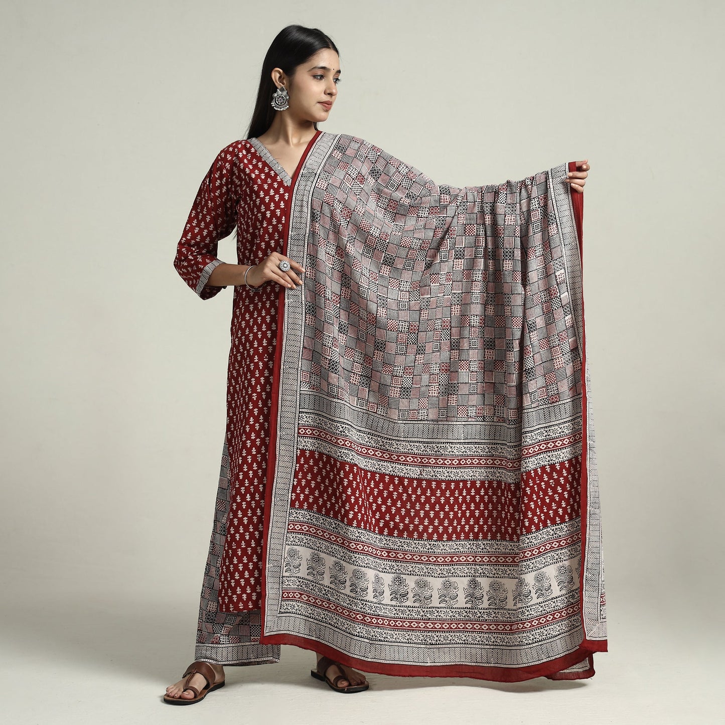 Red - bagh block printed cotton kurta with palazzo &