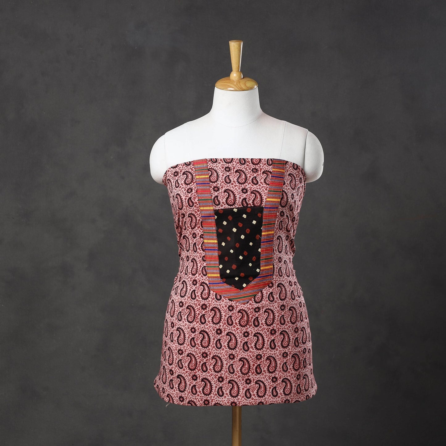 Red Bagh Print Cotton Kurta Material with Patchwork (3m)