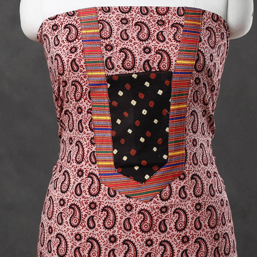 Red Bagh Print Cotton Kurta Material with Patchwork (3m)