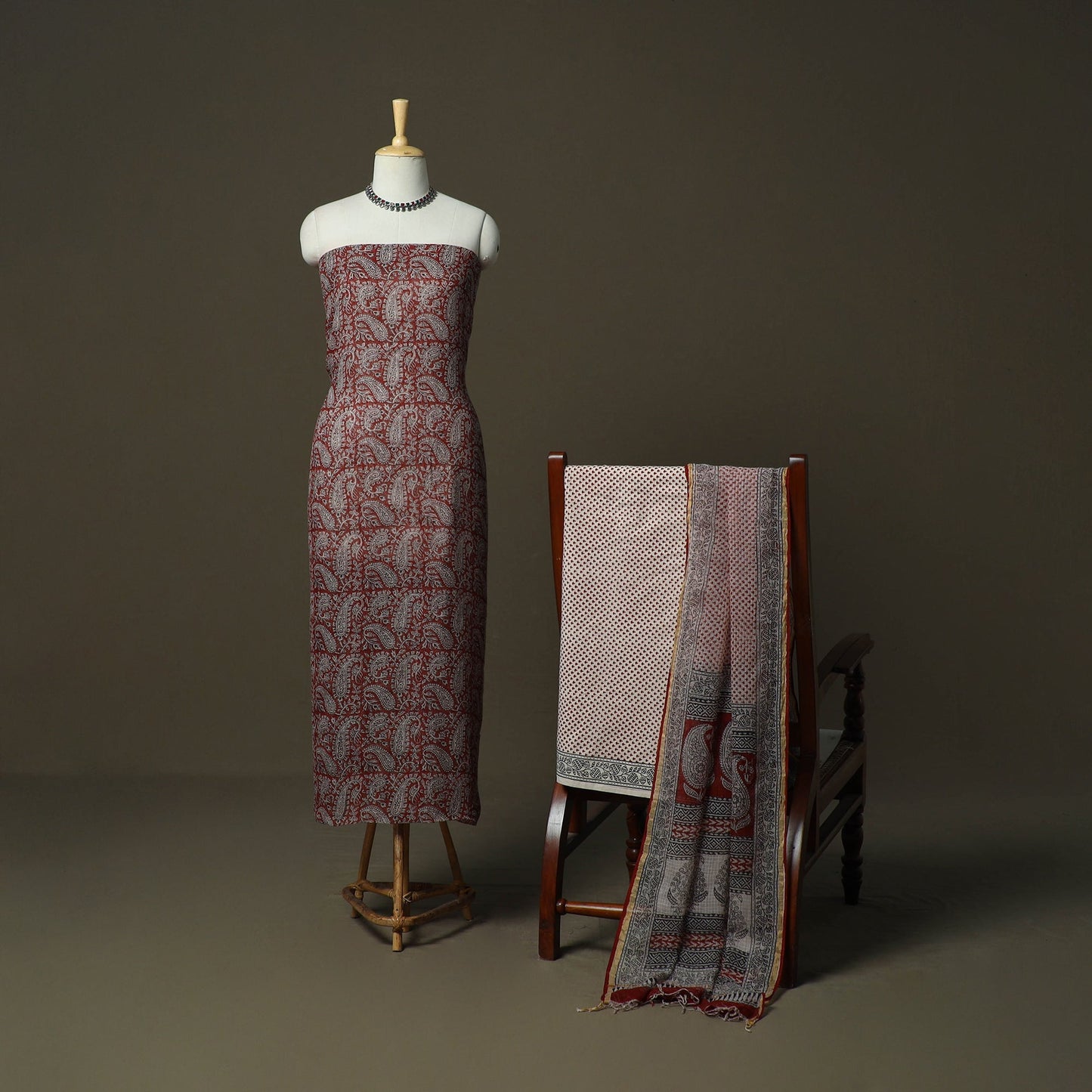 Bagh hand block print natural dyed kota doria cotton 3pc