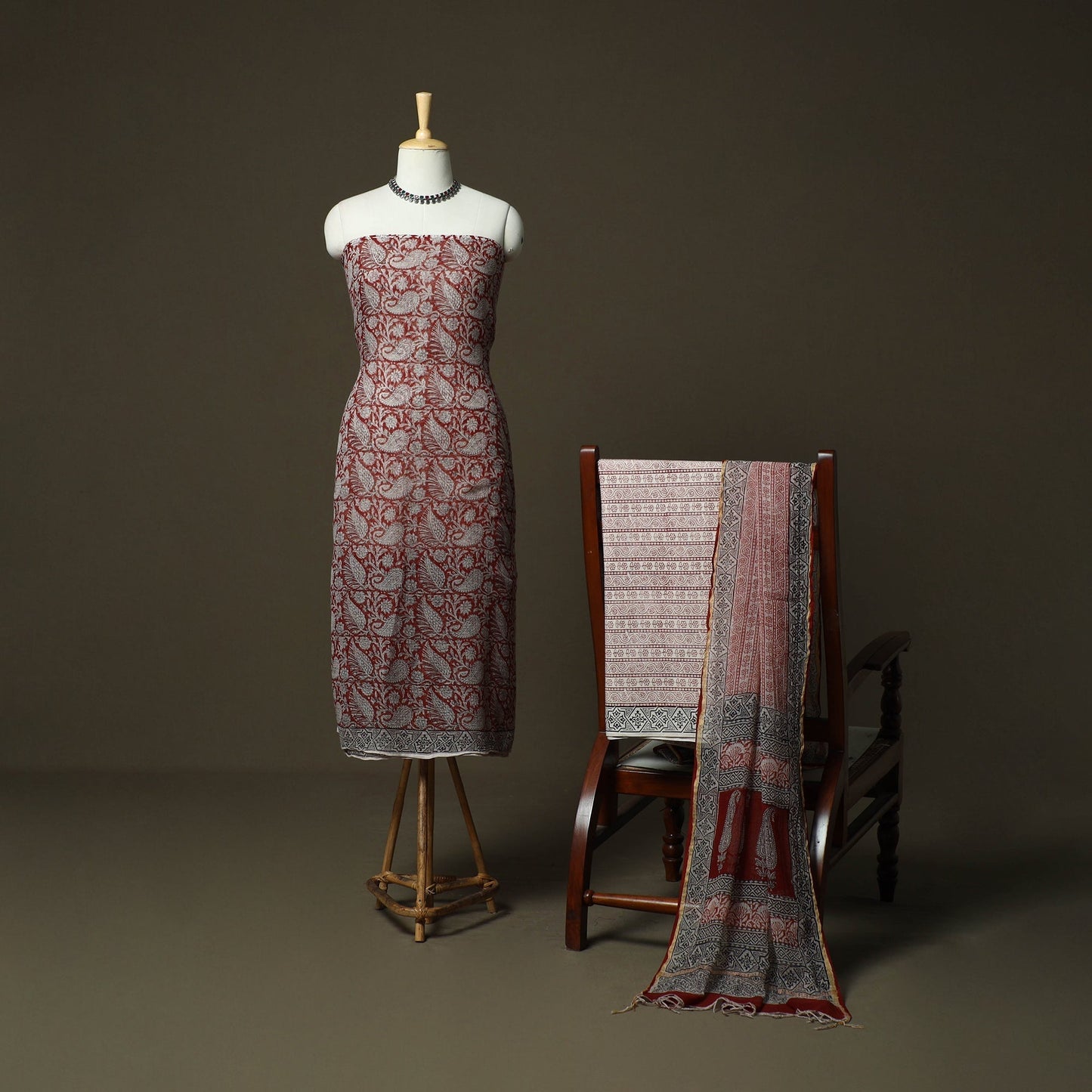 Bagh hand block print natural dyed kota doria cotton 3pc