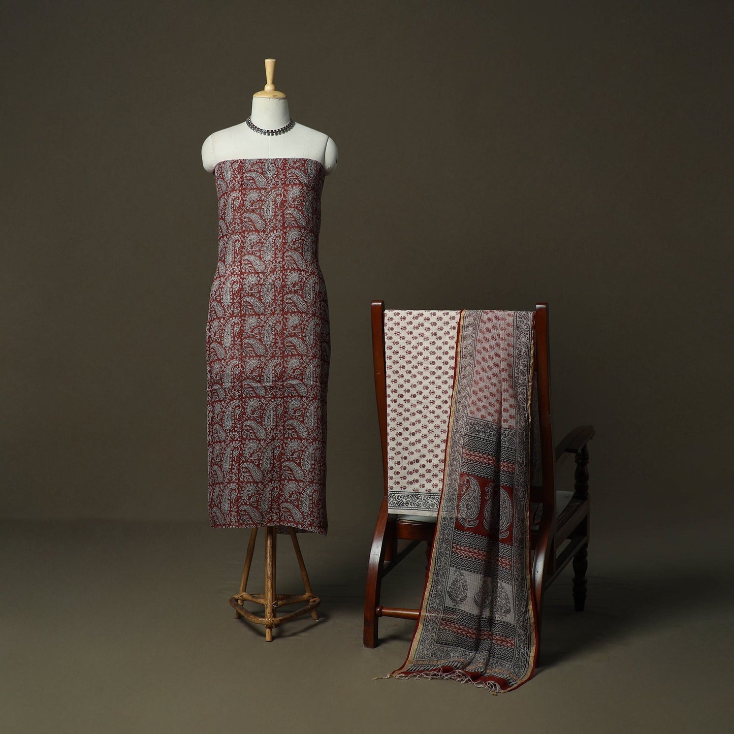 Bagh hand block print natural dyed kota doria cotton 3pc