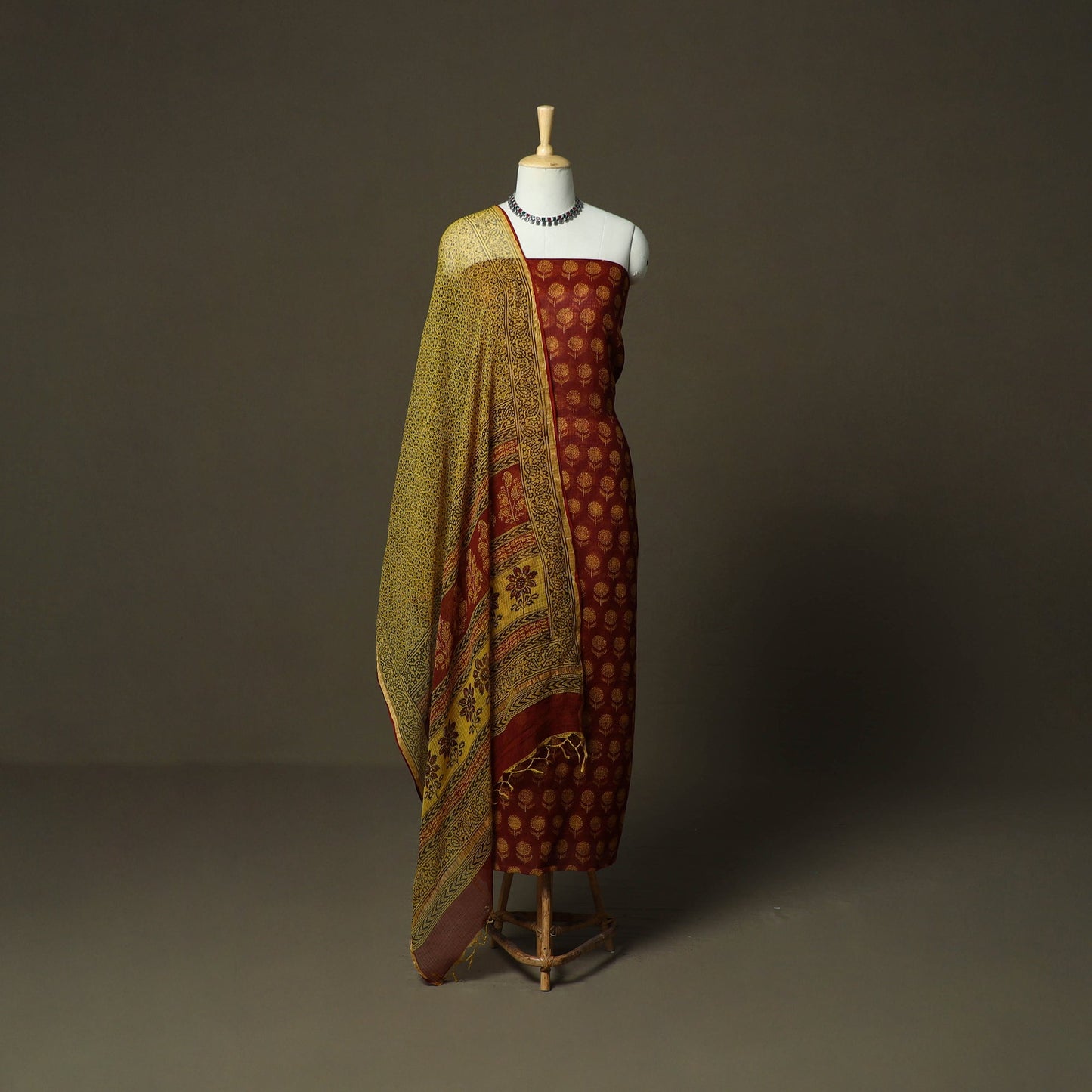 Bagh hand block print natural dyed kota doria cotton 3pc