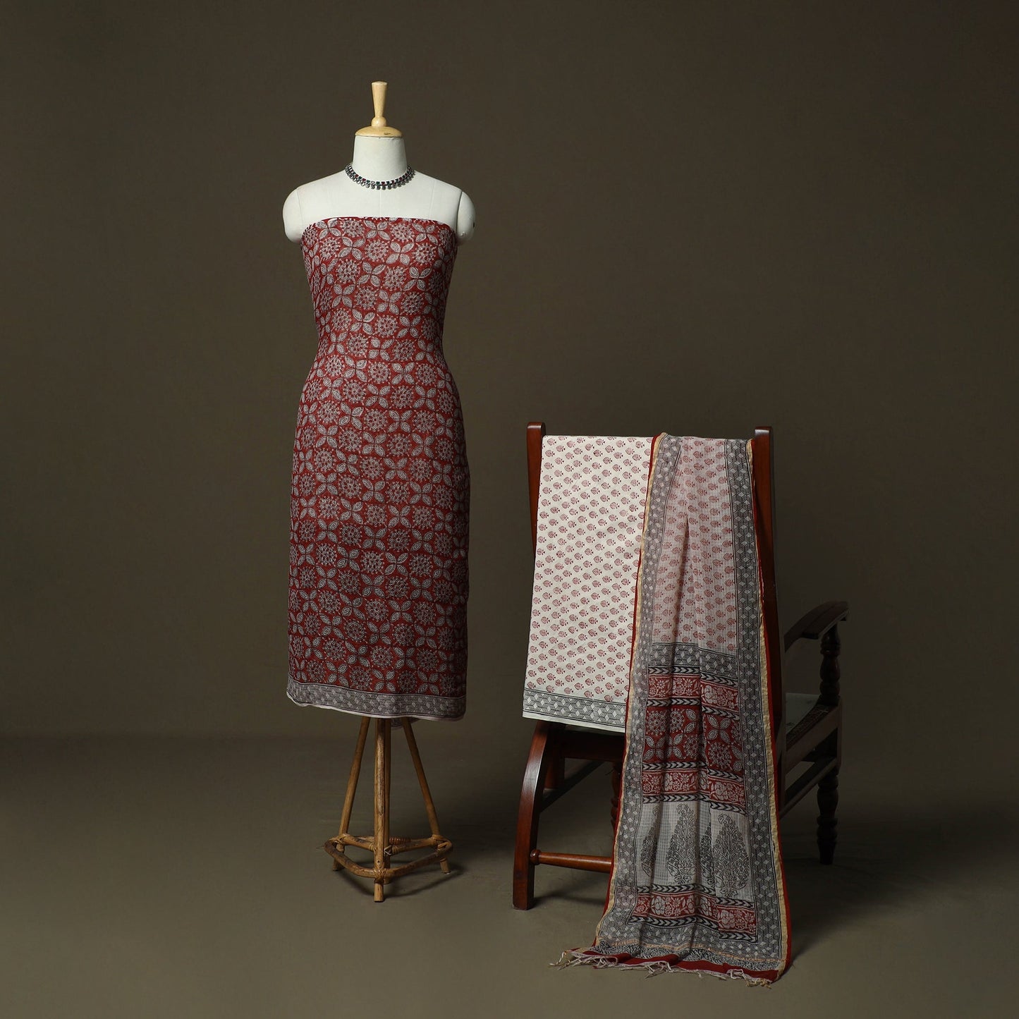Bagh hand block print natural dyed kota doria cotton 3pc
