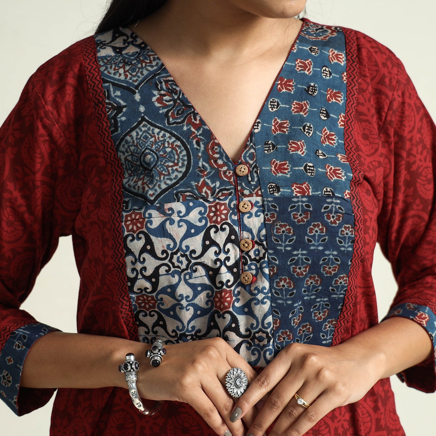 Red - bagh hand block printed patchwork cotton a-line long