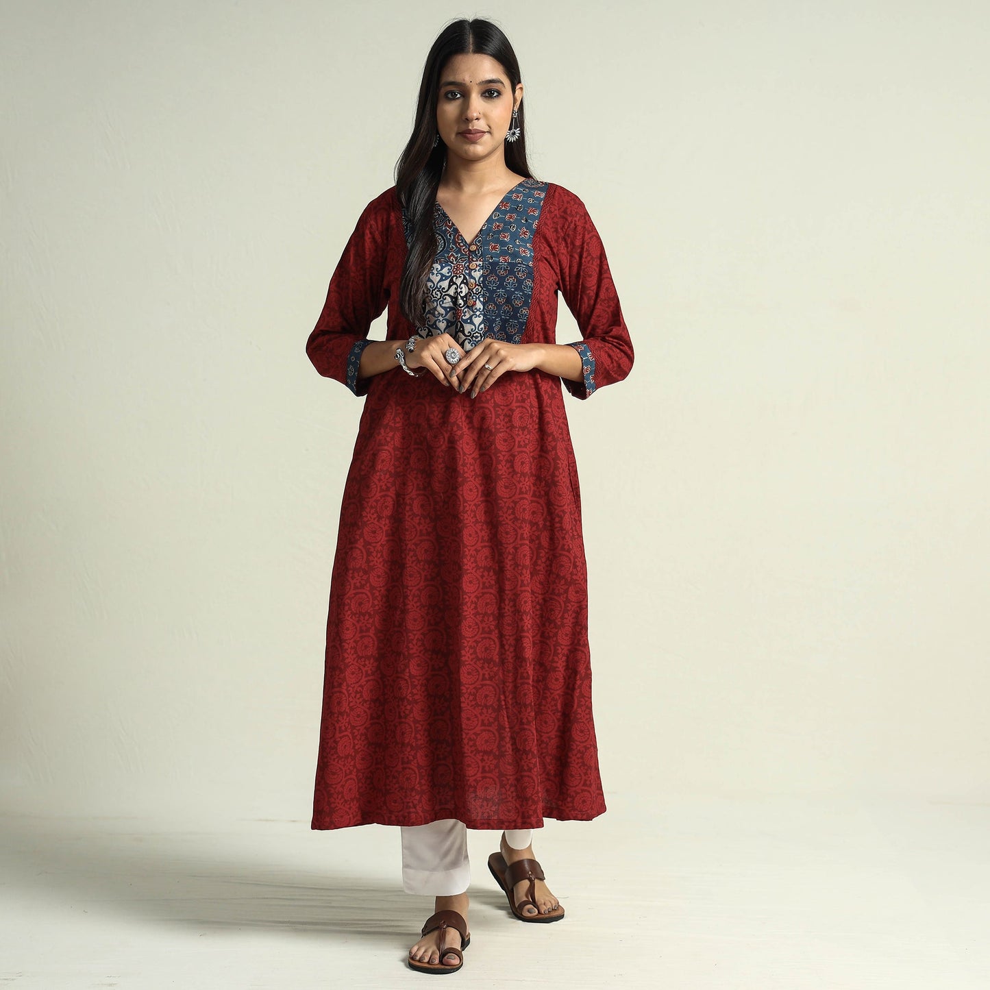Red - bagh hand block printed patchwork cotton a-line long