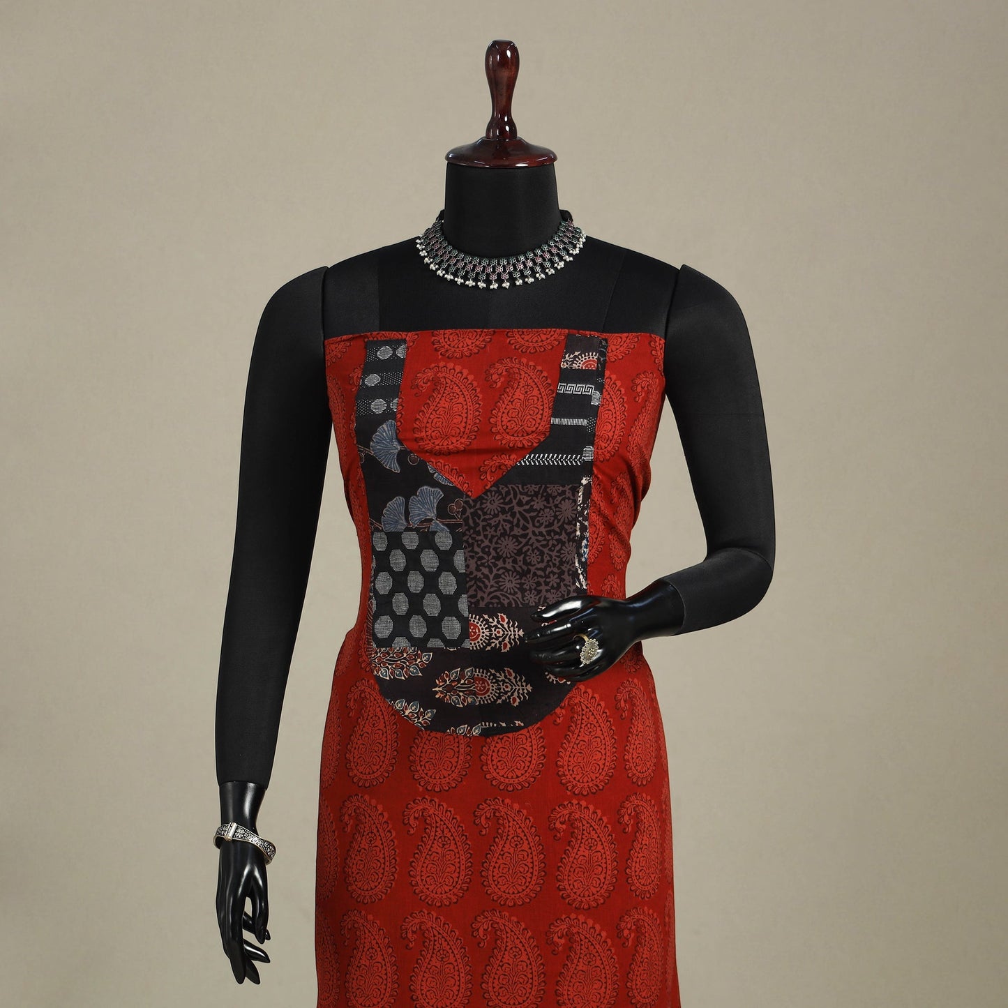 Red - bagh patchwork cotton unstitched kurta material