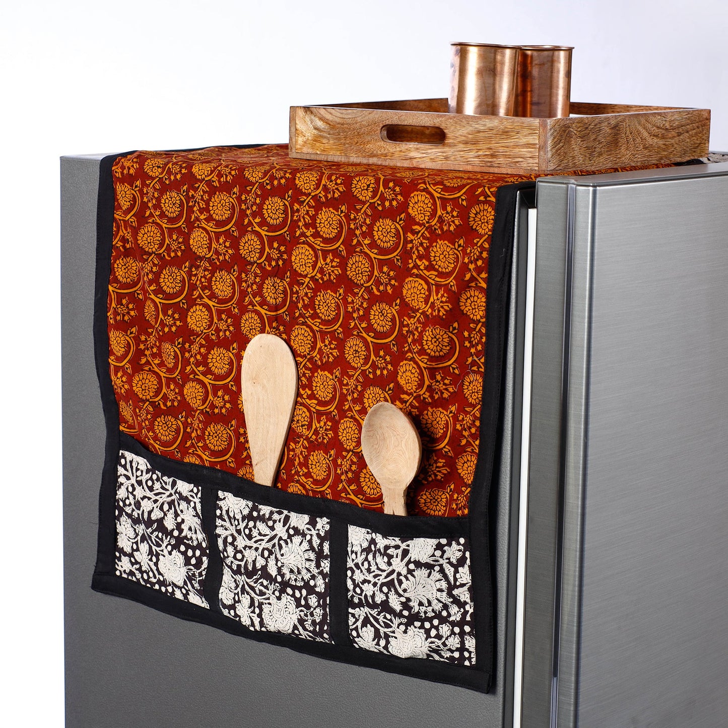 Red Bagh Block Printed Cotton Fridge Top Cover with Multiple Pockets
