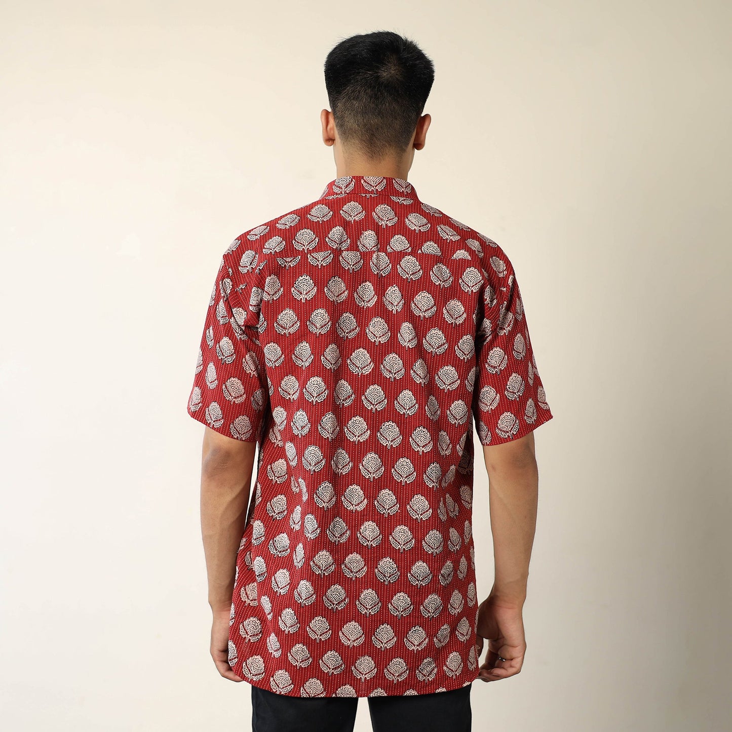 Red - Bagh Prints Kantha Cotton Men Half Sleeve Shirt 12