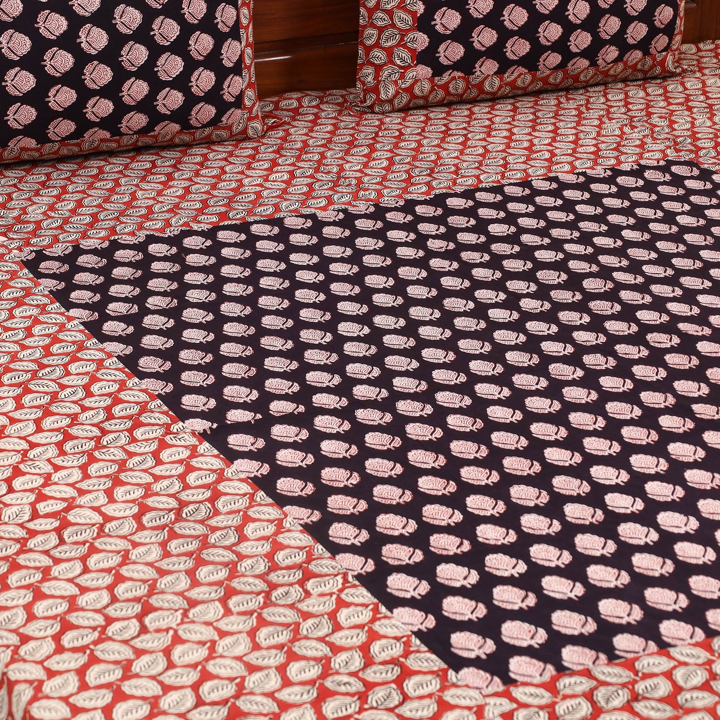 Red - bagru with bagh patch cotton bedsheet set 07