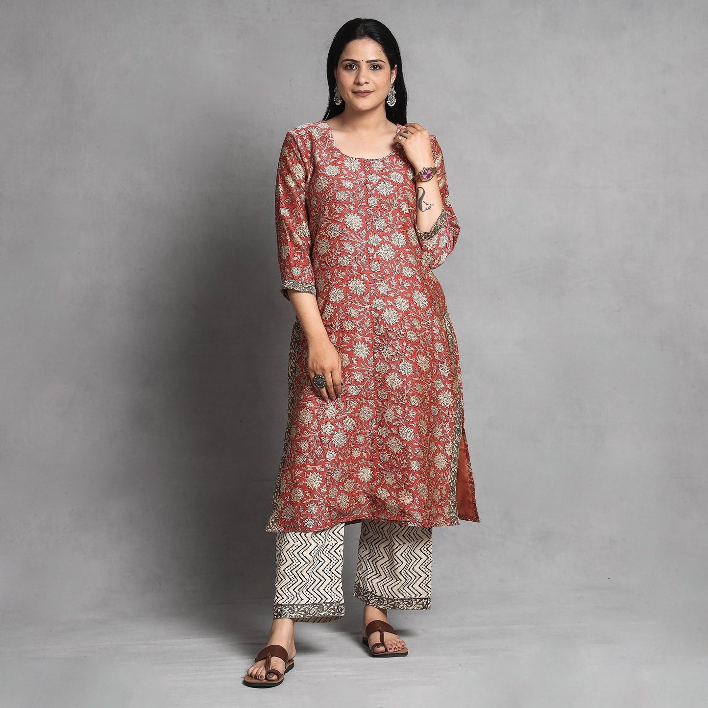 Bagru Block Printed Chanderi Silk Kurta with Palazzo & Dupatta Set