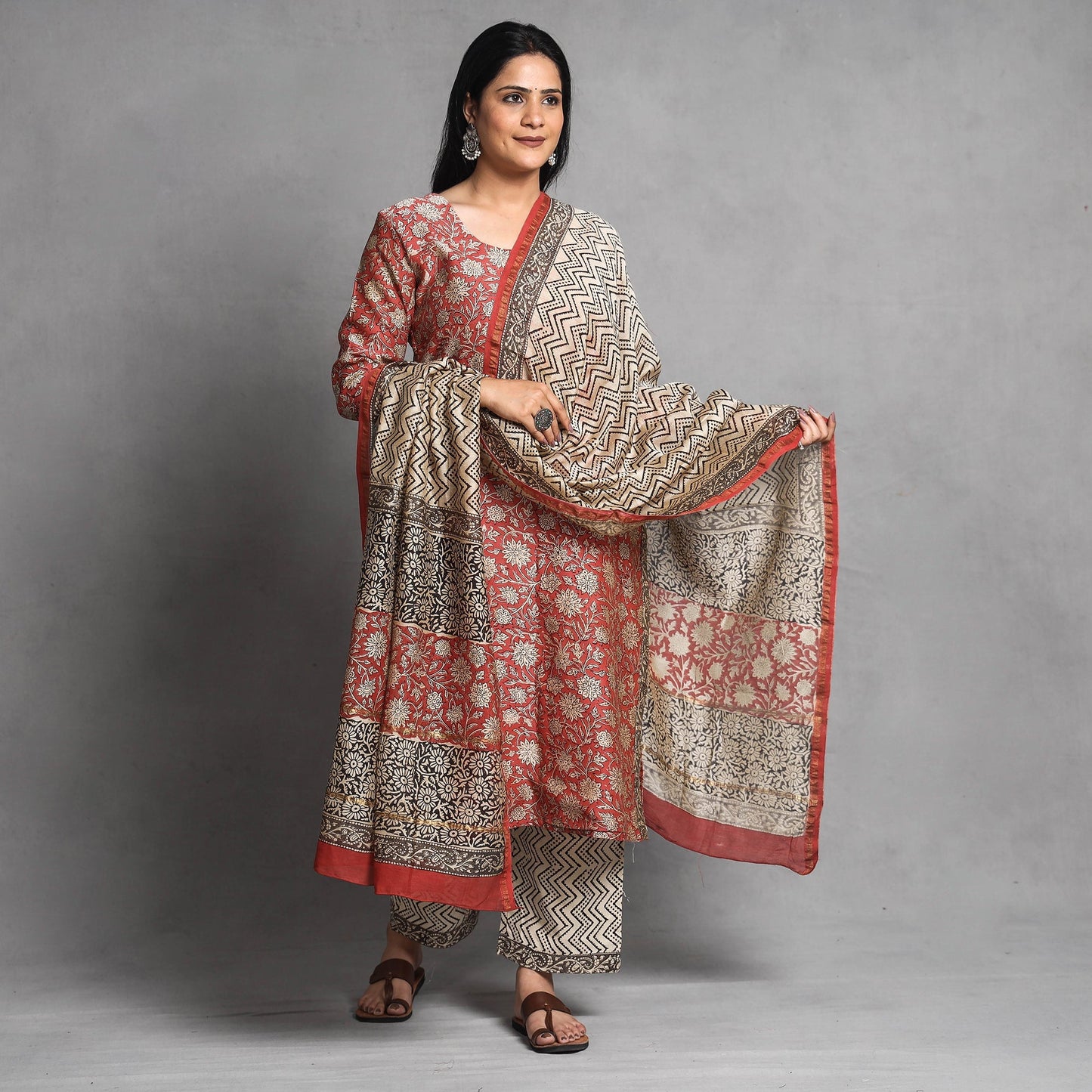 Bagru Block Printed Chanderi Silk Kurta with Palazzo & Dupatta Set