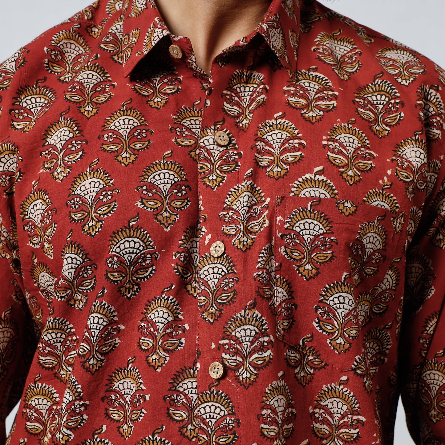 Red Bagru Block Printed Cotton Men Full Sleeve Shirt