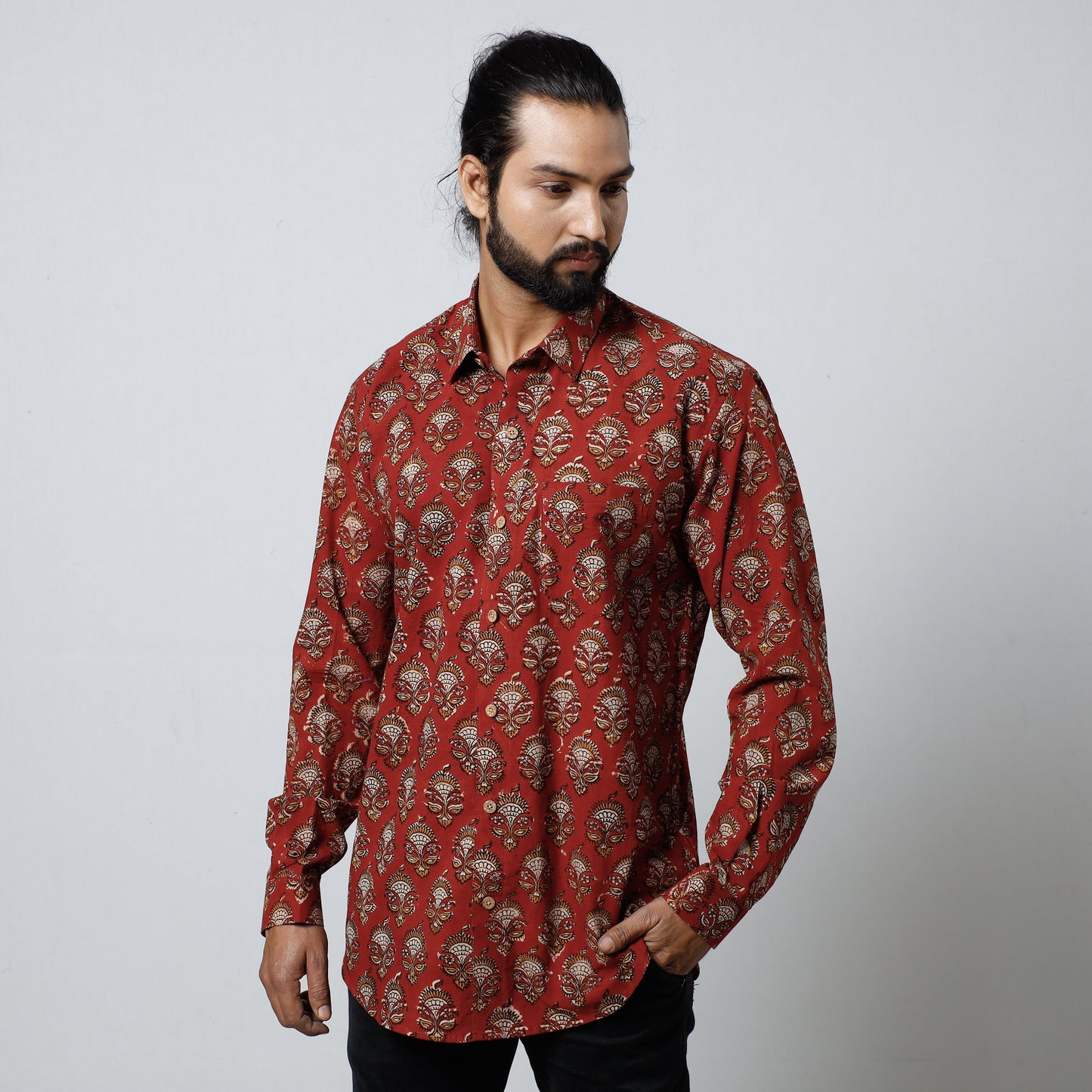 Red Bagru Block Printed Cotton Men Full Sleeve Shirt