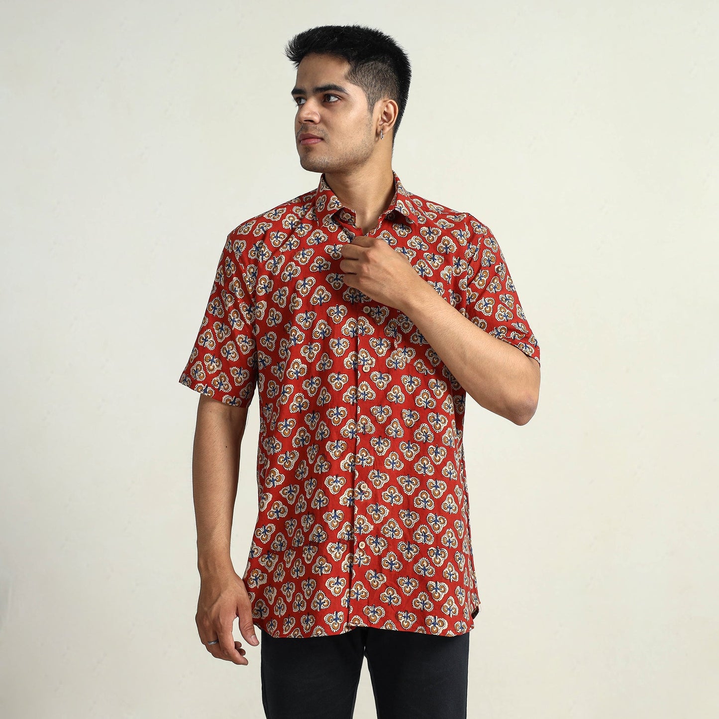 Bagru Block Printed Cotton Men Half Sleeve Shirt 01
